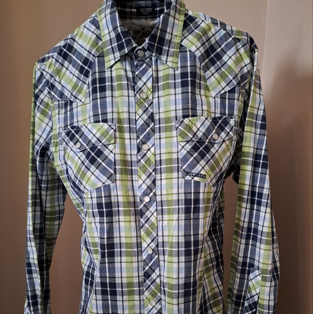 Men's Blue & Green Plaid Shirt Bullhead Brand Pearl Snap Closure Sz Med